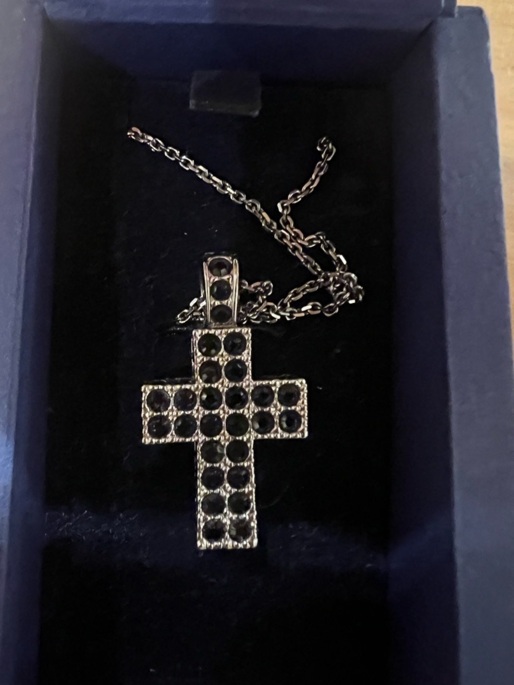 Swarovski Black Rhinestone Pavr Cross Pendant Necklace Silver Tone RARE